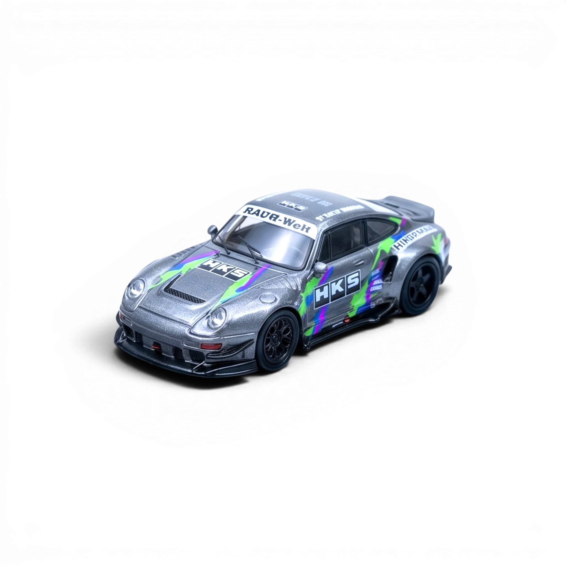 Lot57Supplies Diecast Shop 1:64 scale silver Porsche 993 Modified with HKS livery and racing decals.