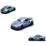 Lot57Supplies Diecast Shop 1:64 scale silver Porsche 993 modified diecast model with HKS livery and racing decals.