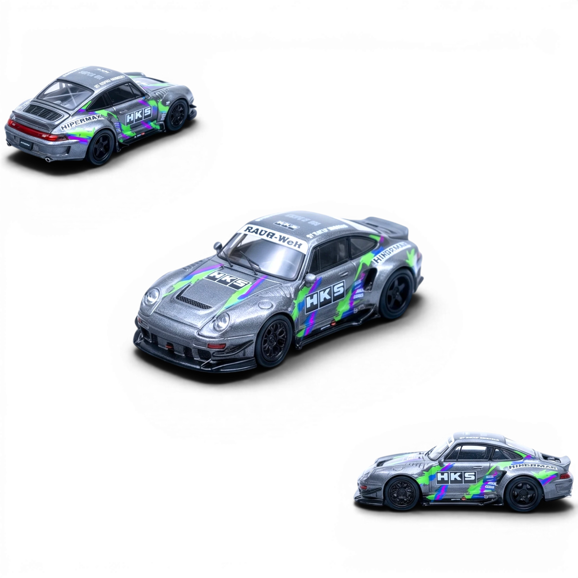 Lot57Supplies Diecast Shop 1:64 scale silver Porsche 993 modified diecast model with HKS livery and racing decals.