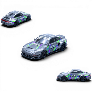 Lot57Supplies Diecast Shop 1:64 scale silver Porsche 993 modified diecast model with HKS livery and racing decals.