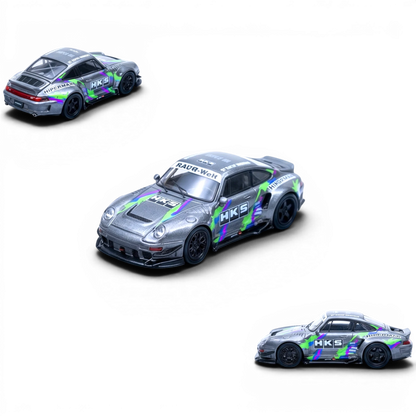 Lot57Supplies Diecast Shop 1:64 scale silver Porsche 993 modified diecast model with HKS livery and racing decals.