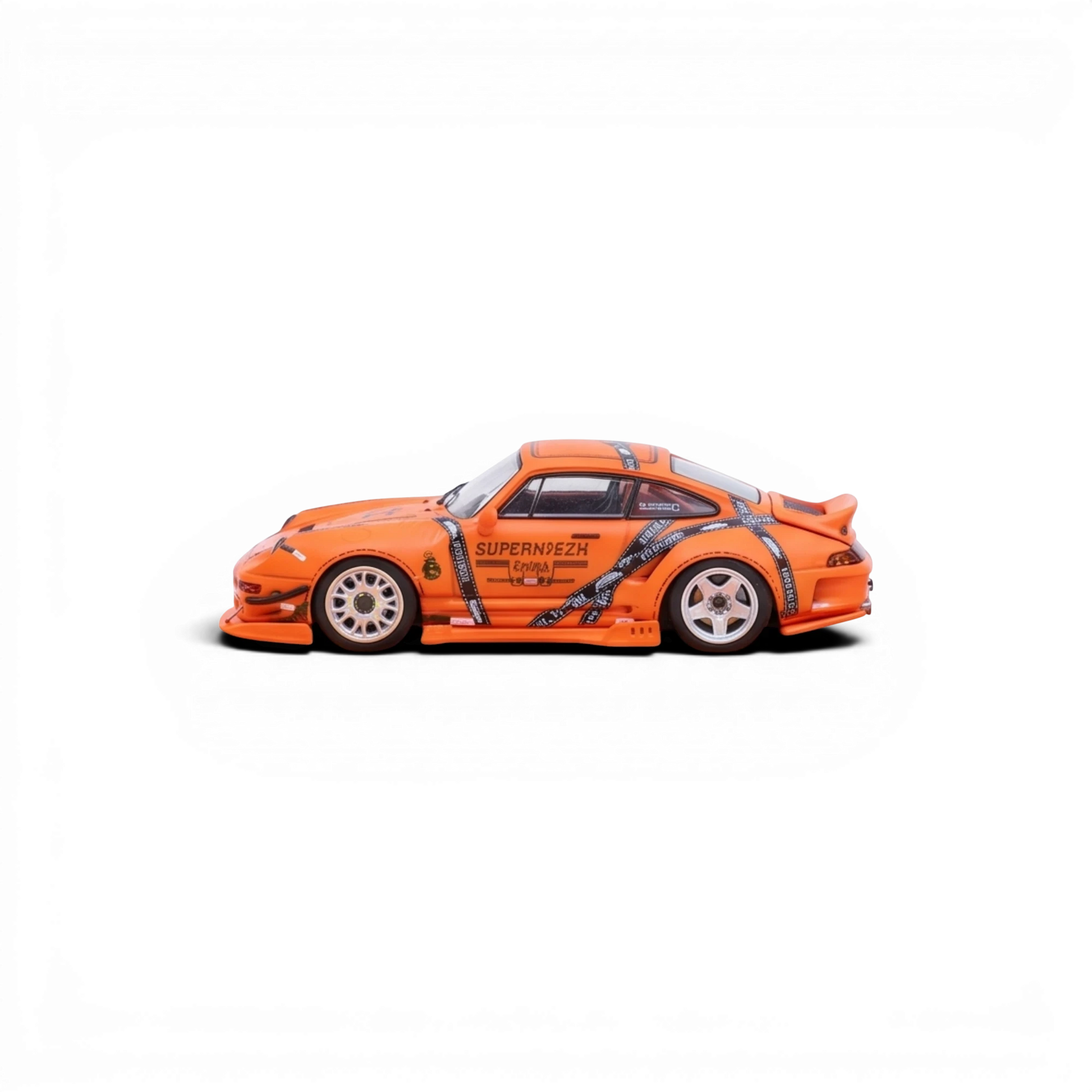 Lot57Supplies Diecast Shop 1:64 scale modified Porsche 993 in Jager Heat Orange livery with black racing stripes and white wheels.