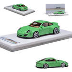 Lot57Supplies Diecast Shop ERROR404 x BTS Porsche 997 Indecent 009 green 1:64 scale resin model car on display stand.