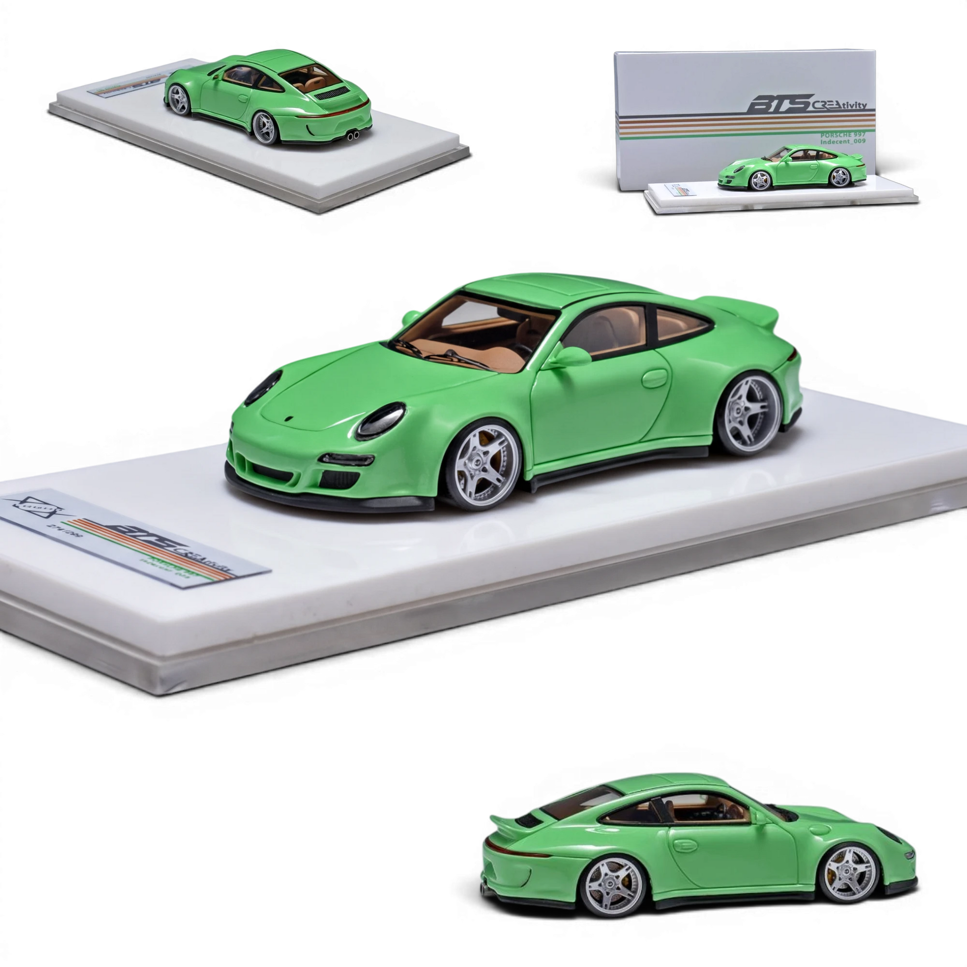 Lot57Supplies Diecast Shop ERROR404 x BTS Porsche 997 Indecent 009 green 1:64 scale resin model car on display stand.