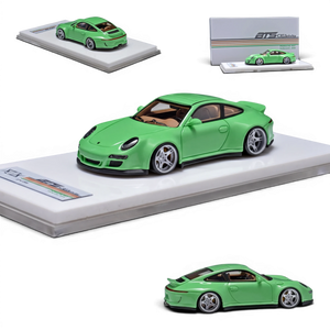 Lot57Supplies Diecast Shop ERROR404 x BTS Porsche 997 Indecent 009 green 1:64 scale resin model car on display stand.