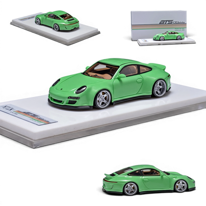 Lot57Supplies Diecast Shop ERROR404 x BTS Porsche 997 Indecent 009 green 1:64 scale resin model car on display stand.