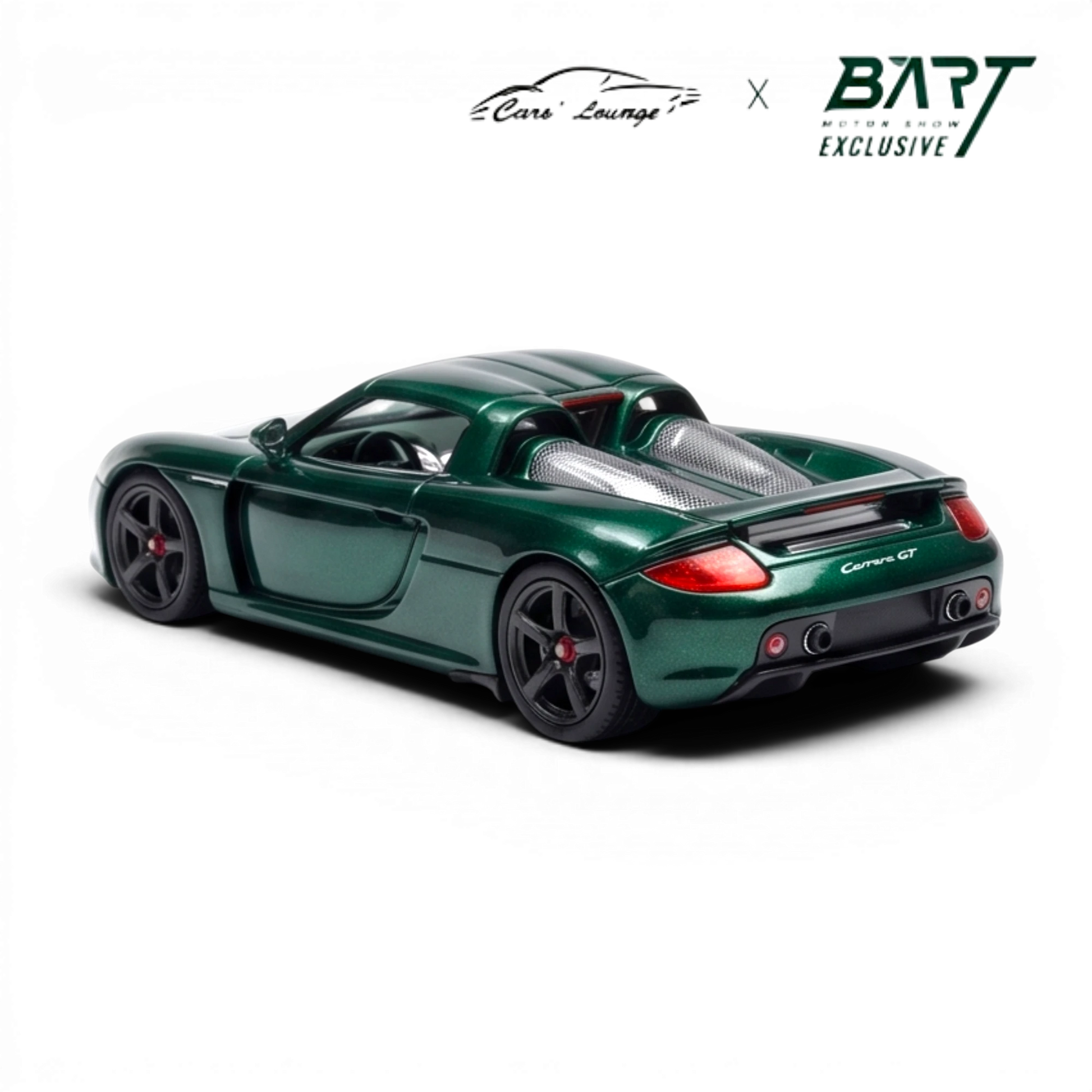 Lot57Supplies Diecast Shop Porsche Carrera GT 1:64 scale model in metallic jet green with black wheels and red brake calipers.