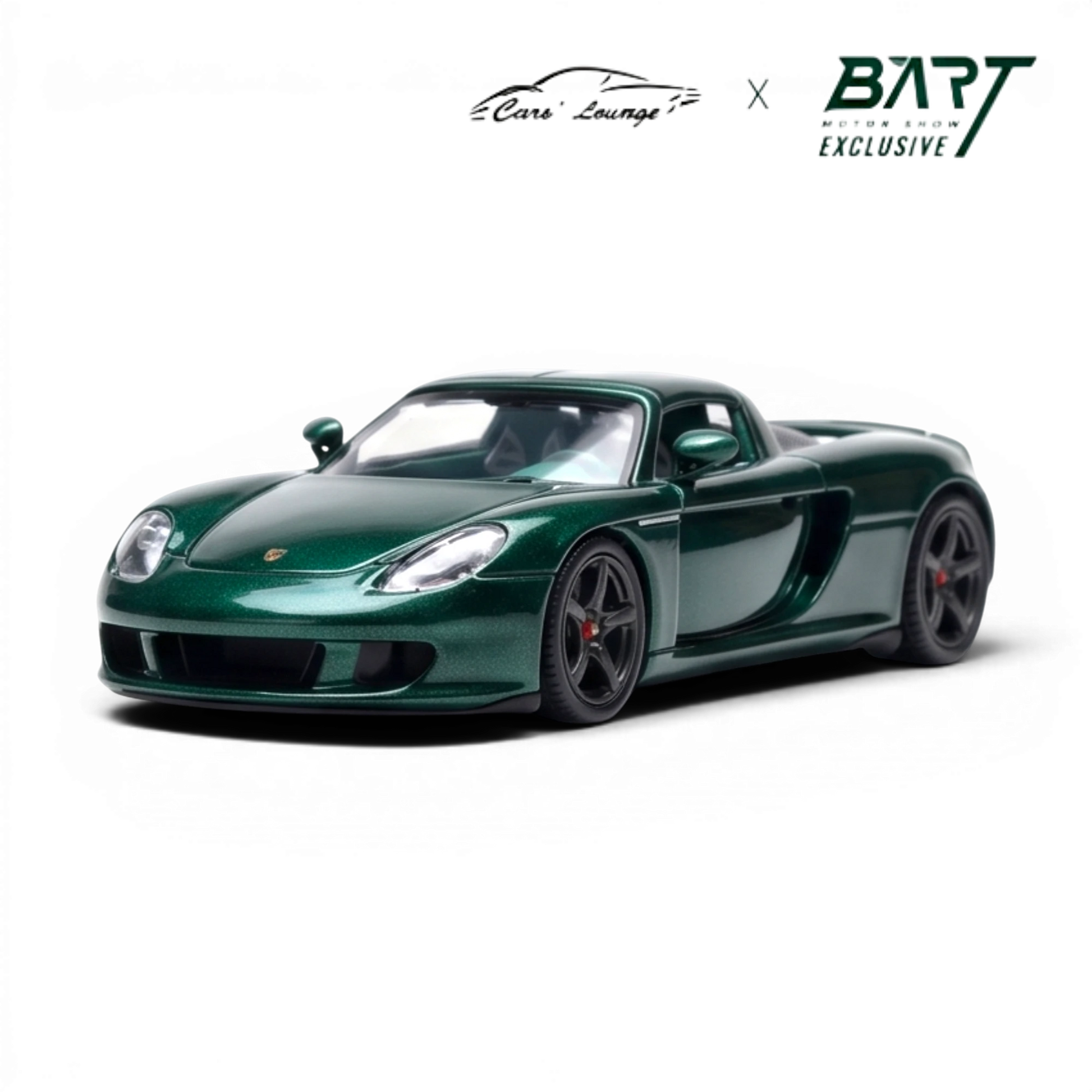 Lot57Supplies Diecast Shop Porsche Carrera GT 1:64 scale model in metallic jet green with black wheels and red brake calipers.