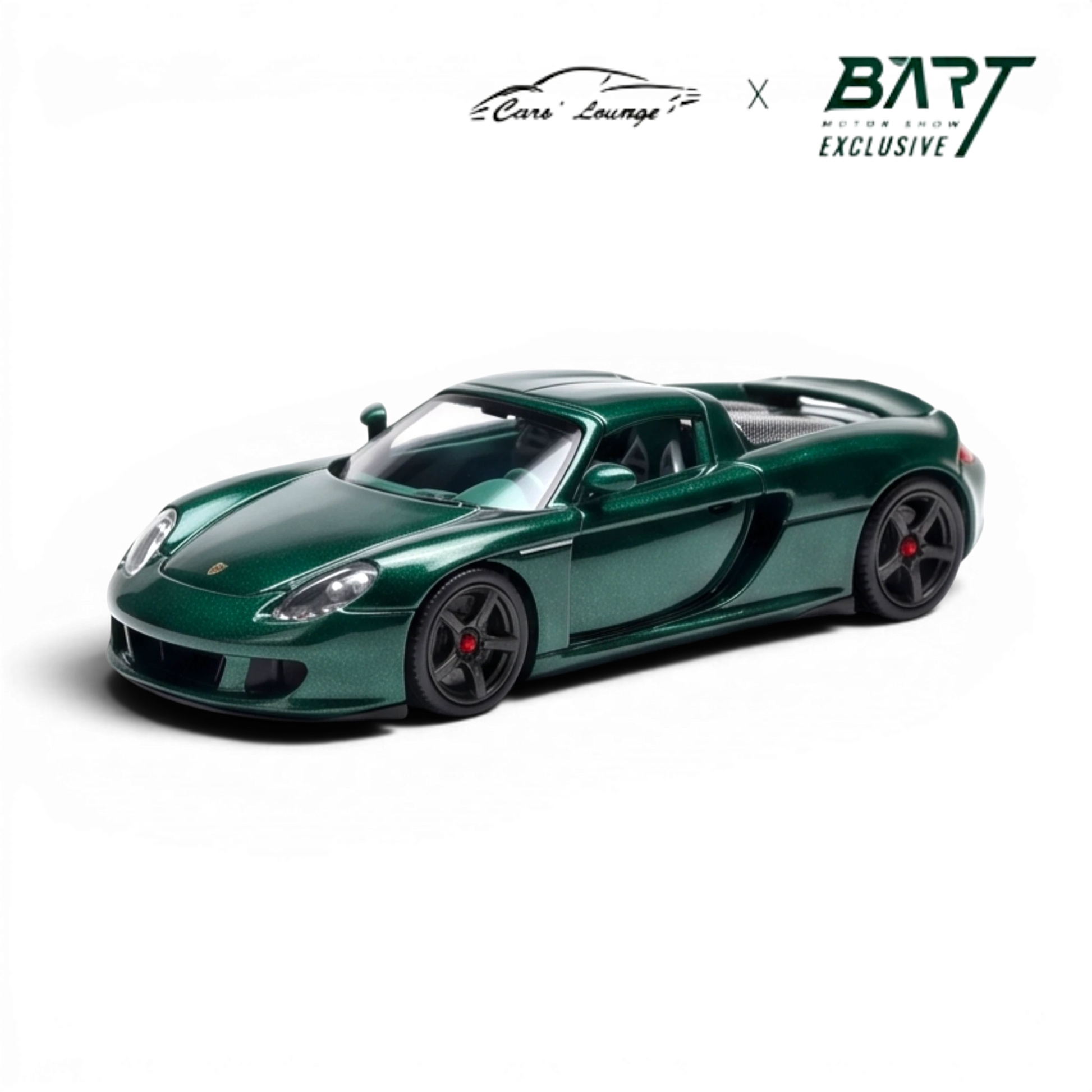 Lot57Supplies Diecast Shop Porsche Carrera GT 1:64 scale model in metallic jet green with green interior. Limited edition resin collectible.