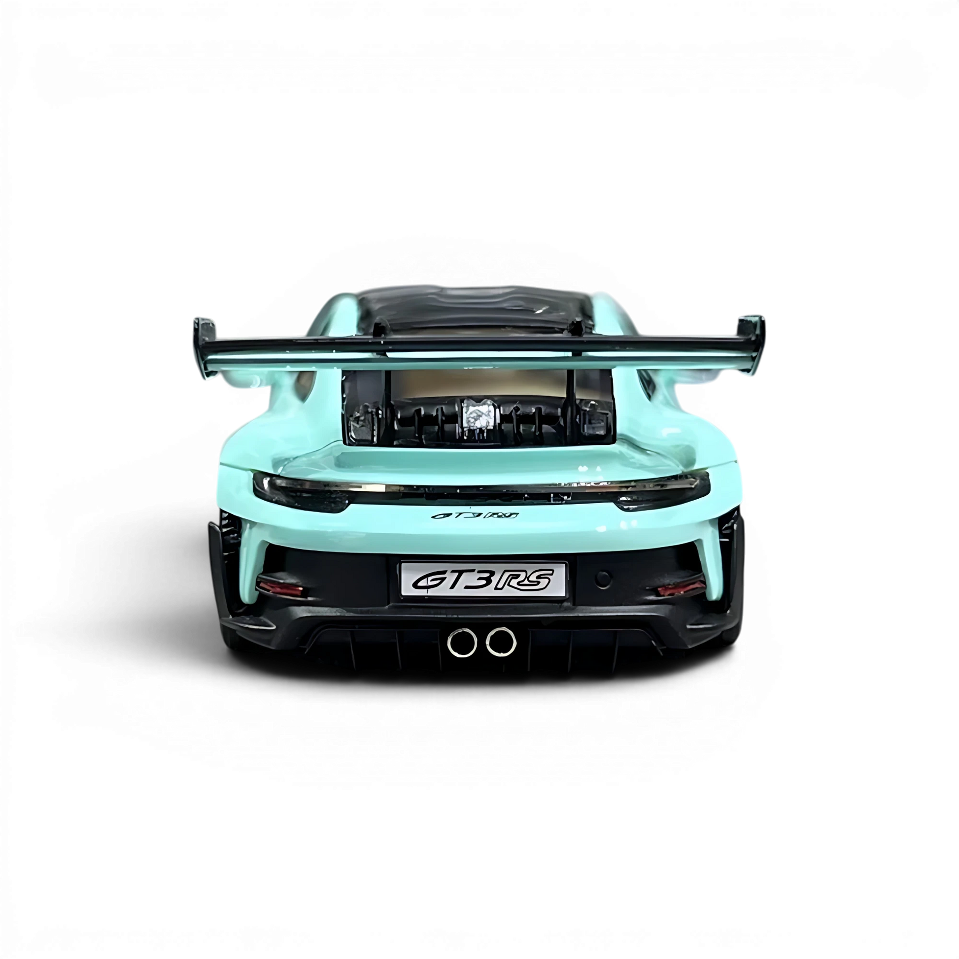 Rear view of Lot57Supplies Diecast Shop HH Model Porsche 992.1 GT3 RS in Tiff Blue 1:64 scale resin model car