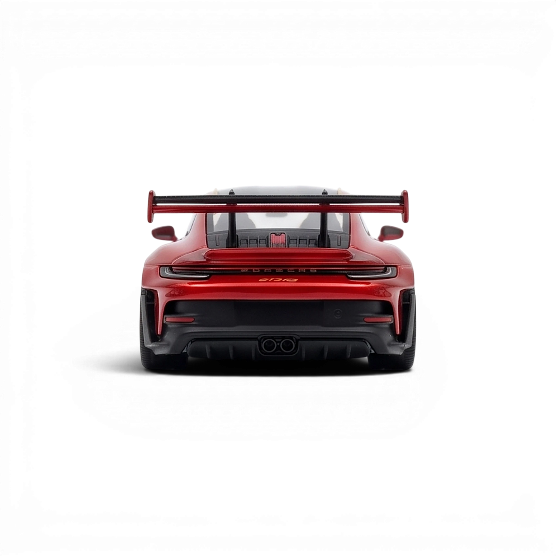 Lot57Supplies Diecast Shop HH Model 1:64 scale metallic red Porsche 992.1 GT3 RS resin model car, rear view.