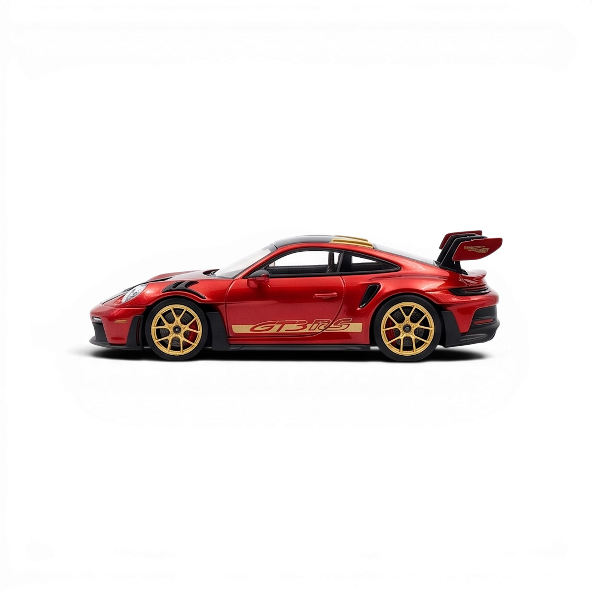 Lot57Supplies Diecast Shop HH Model 1:64 scale metallic red Porsche 992.1 GT3 RS resin model car, side view.