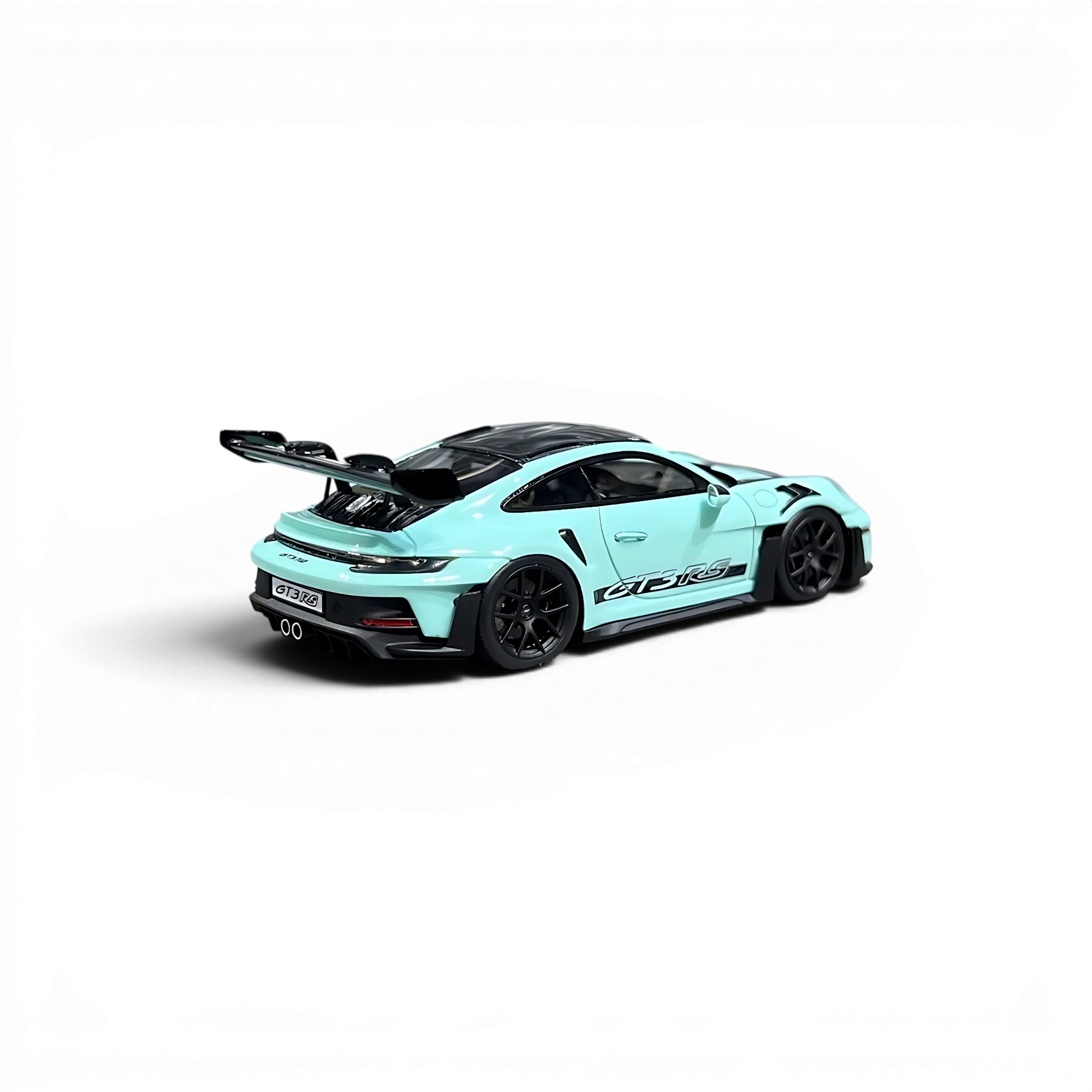 Lot57Supplies Diecast Shop HH Model 1:64 scale resin Porsche 992.1 GT3 RS in Tiff Blue with black wheels and spoiler.