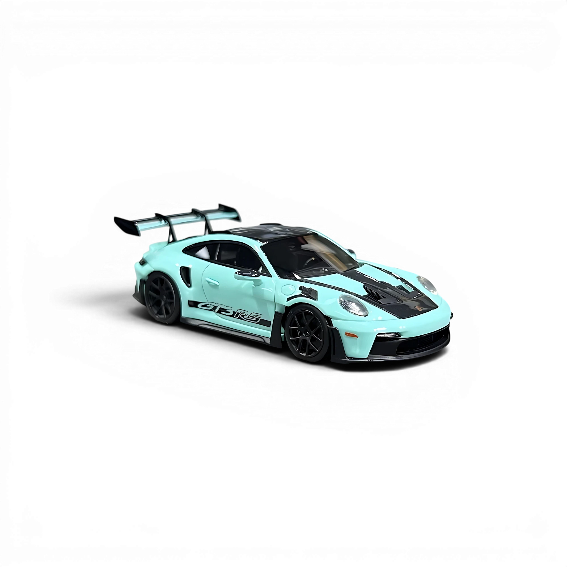 Lot57Supplies Diecast Shop HH Model 1:64 scale resin Porsche 992.1 GT3 RS in Tiff Blue with black racing stripes.