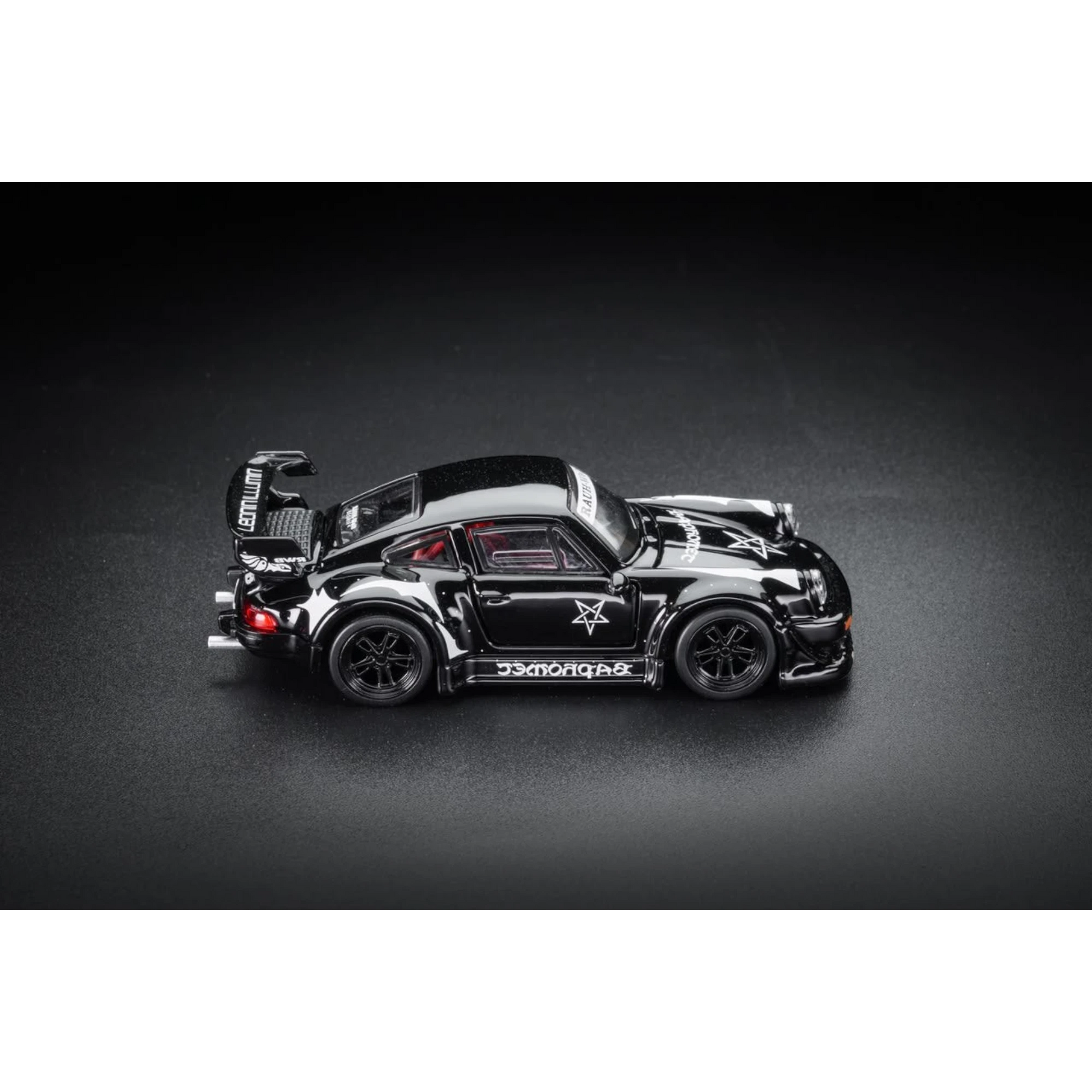 Lot57Supplies Diecast Shop FG Porsche RWB 930 Black Devil Baphomet 1:64 scale diecast model car, side view.