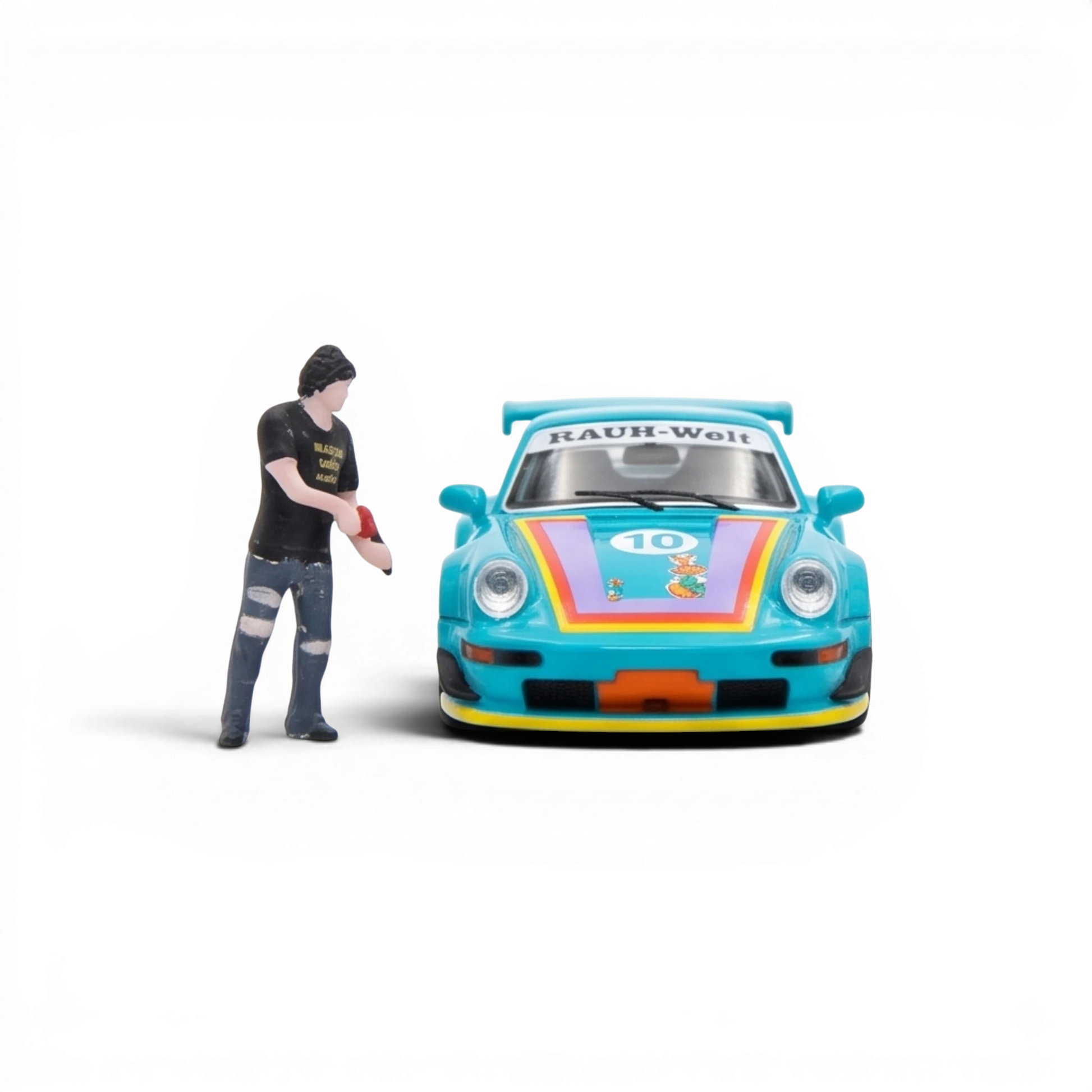 Lot57Supplies Diecast Shop Star Model Porsche RWB 964 green diecast car with racing decals and a miniature figure.