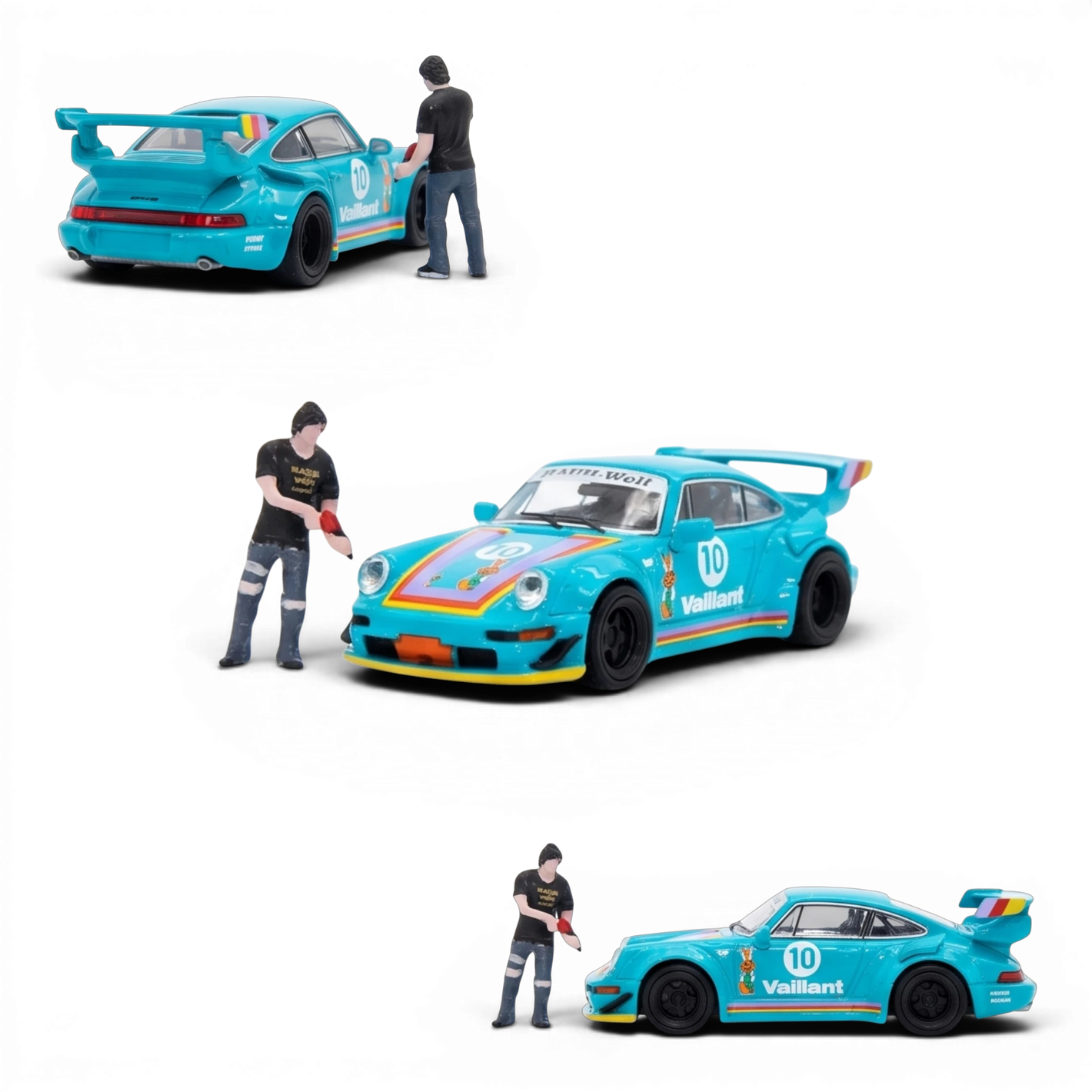 Lot57Supplies Diecast Shop 1:64 scale Star Model Porsche RWB 964 in green Vaillant livery with a miniature mechanic figure