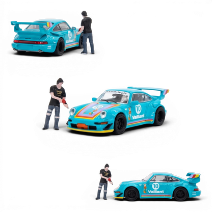 Lot57Supplies Diecast Shop 1:64 scale Star Model Porsche RWB 964 in green Vaillant livery with a miniature mechanic figure