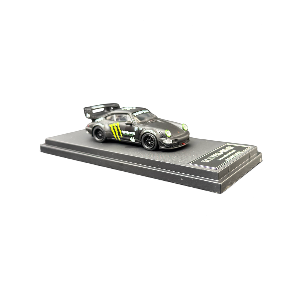 Lot57Supplies Diecast Shop Mini Station Porsche RWB 964 diecast model car in black with green Monster Energy livery