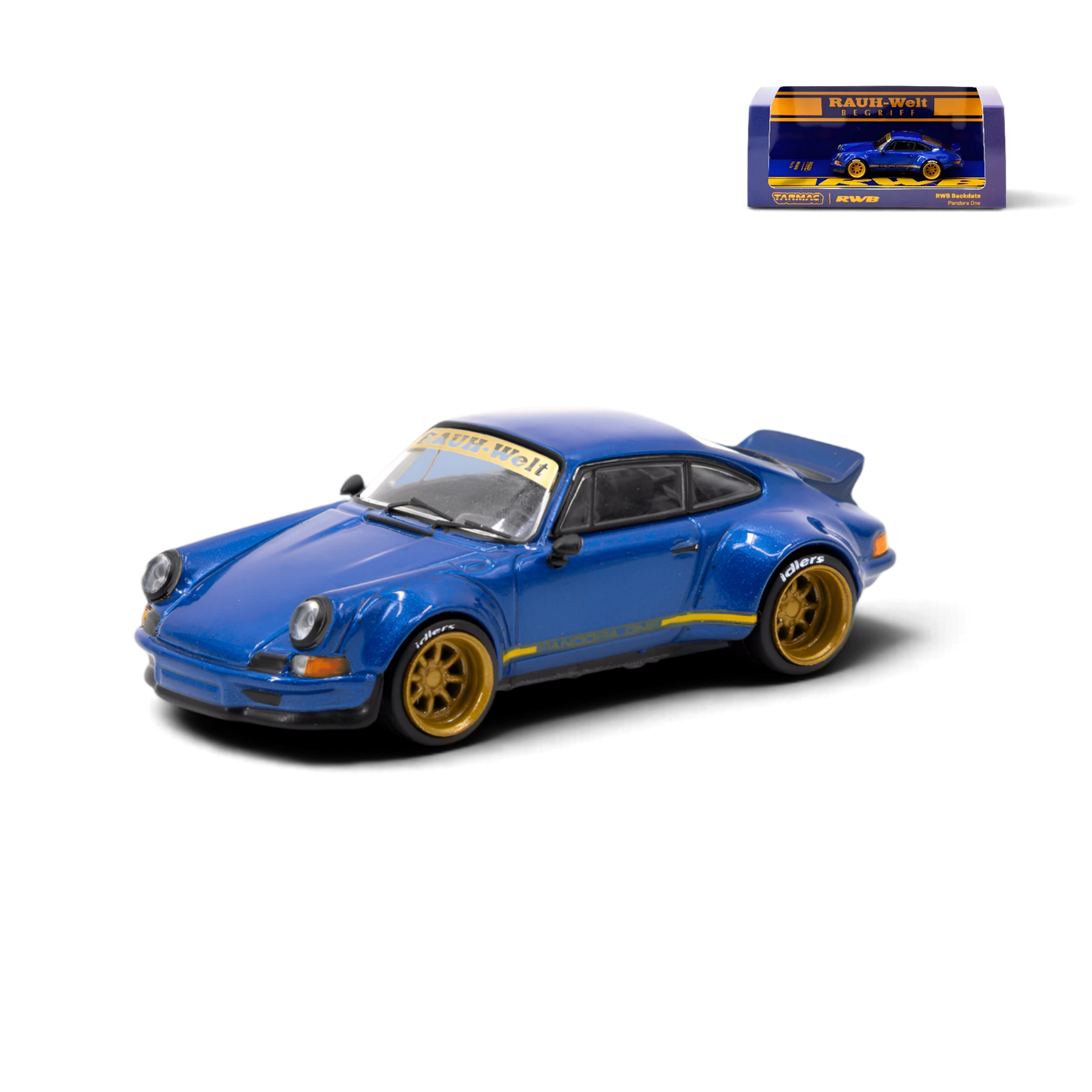Lot57Supplies Diecast Shop Tarmac Works Porsche RWB Backdate 1:64 scale diecast model car in blue with gold wheels