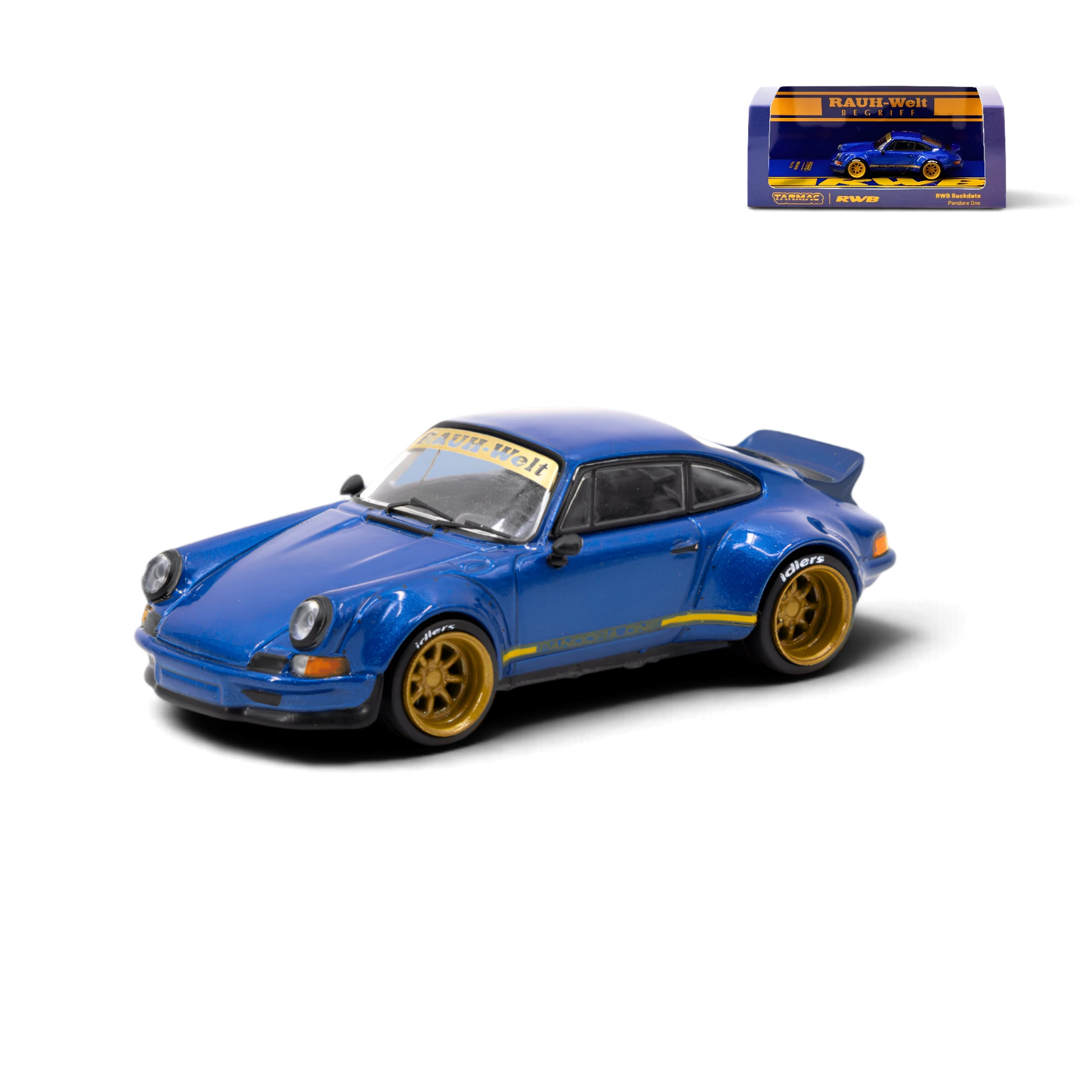 Lot57Supplies Diecast Shop Tarmac Works Porsche RWB Backdate 1:64 scale diecast model car in blue with gold wheels