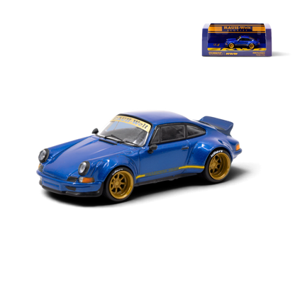 Lot57Supplies Diecast Shop Tarmac Works Porsche RWB Backdate 1:64 scale diecast model car in blue with gold wheels