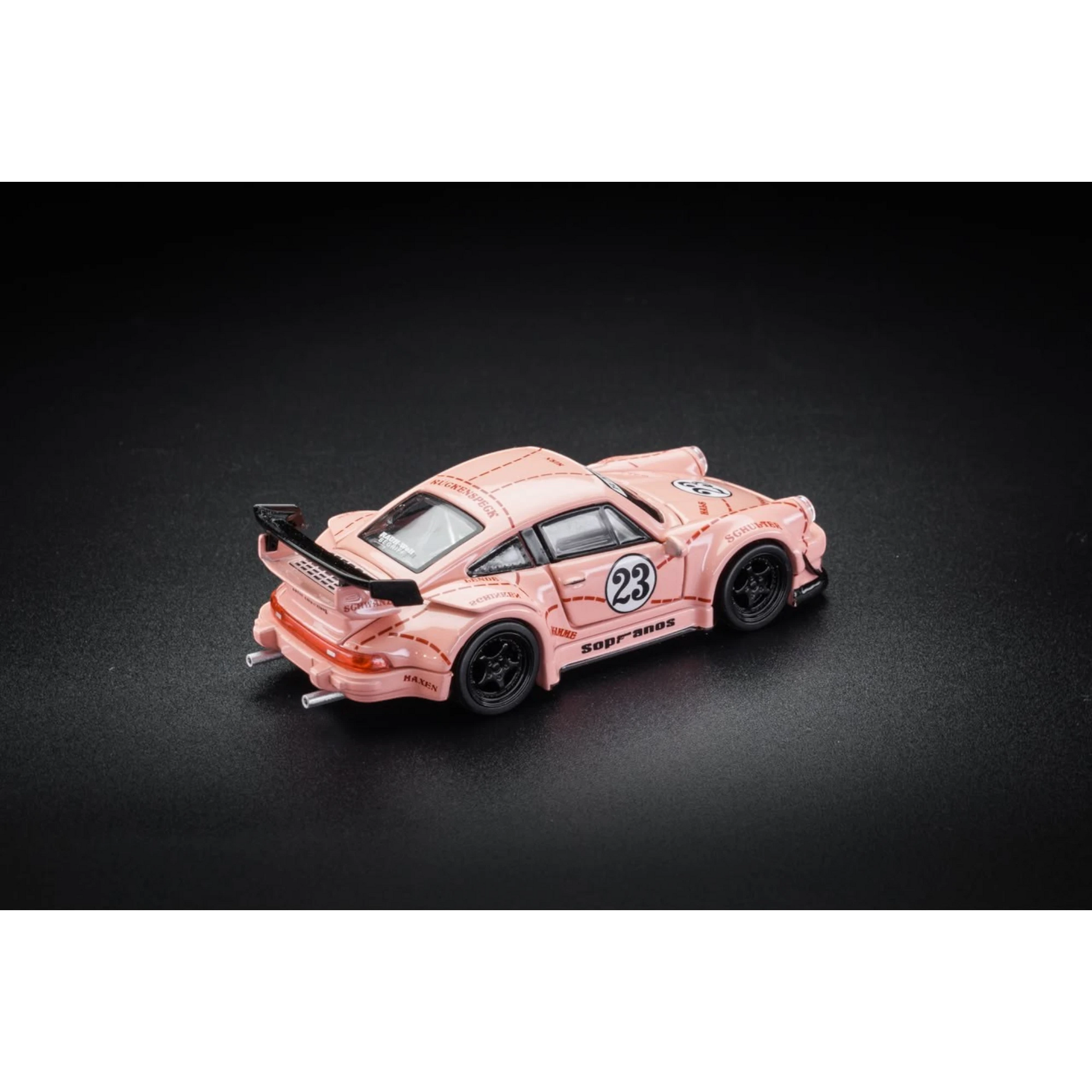 Lot57Supplies Diecast Shop 1:64 scale pink diecast Porsche RWB 930 Pink Pig model car with black racing wheels