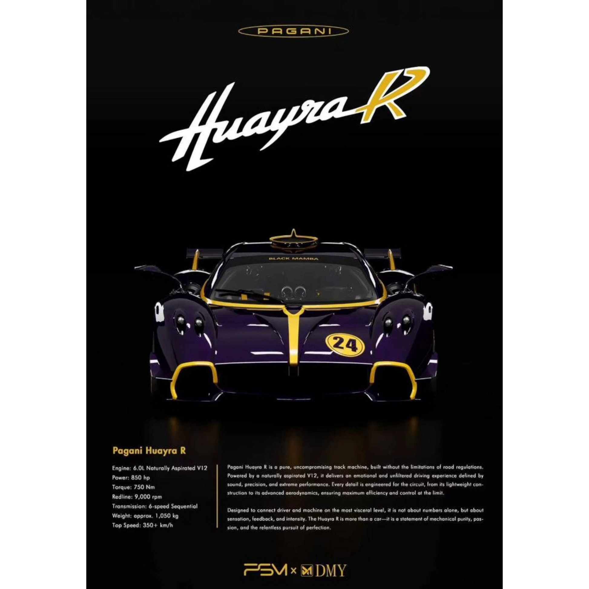Lot57Supplies Diecast Shop 1:64 scale purple carbon fiber Pagani Huayra R model car with yellow racing accents