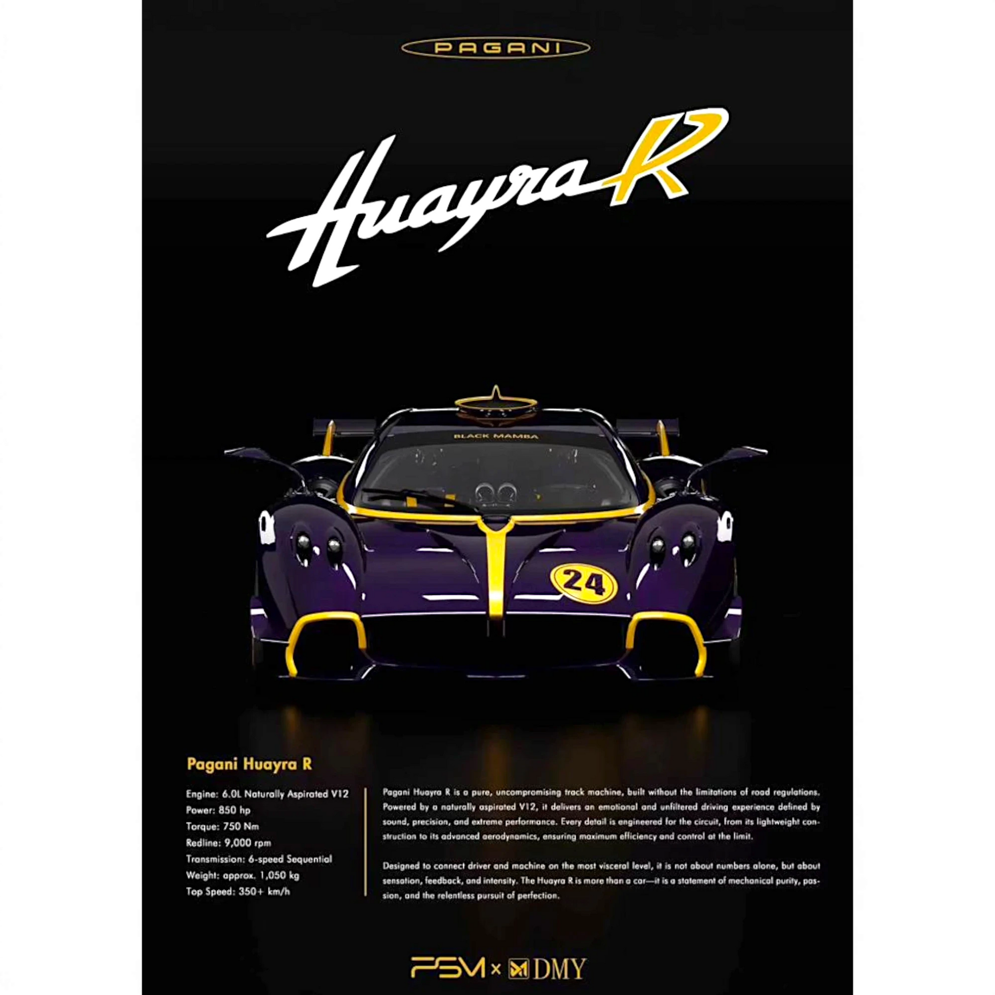 Lot57Supplies Diecast Shop 1:64 scale purple carbon fiber Pagani Huayra R resin model car with yellow accents
