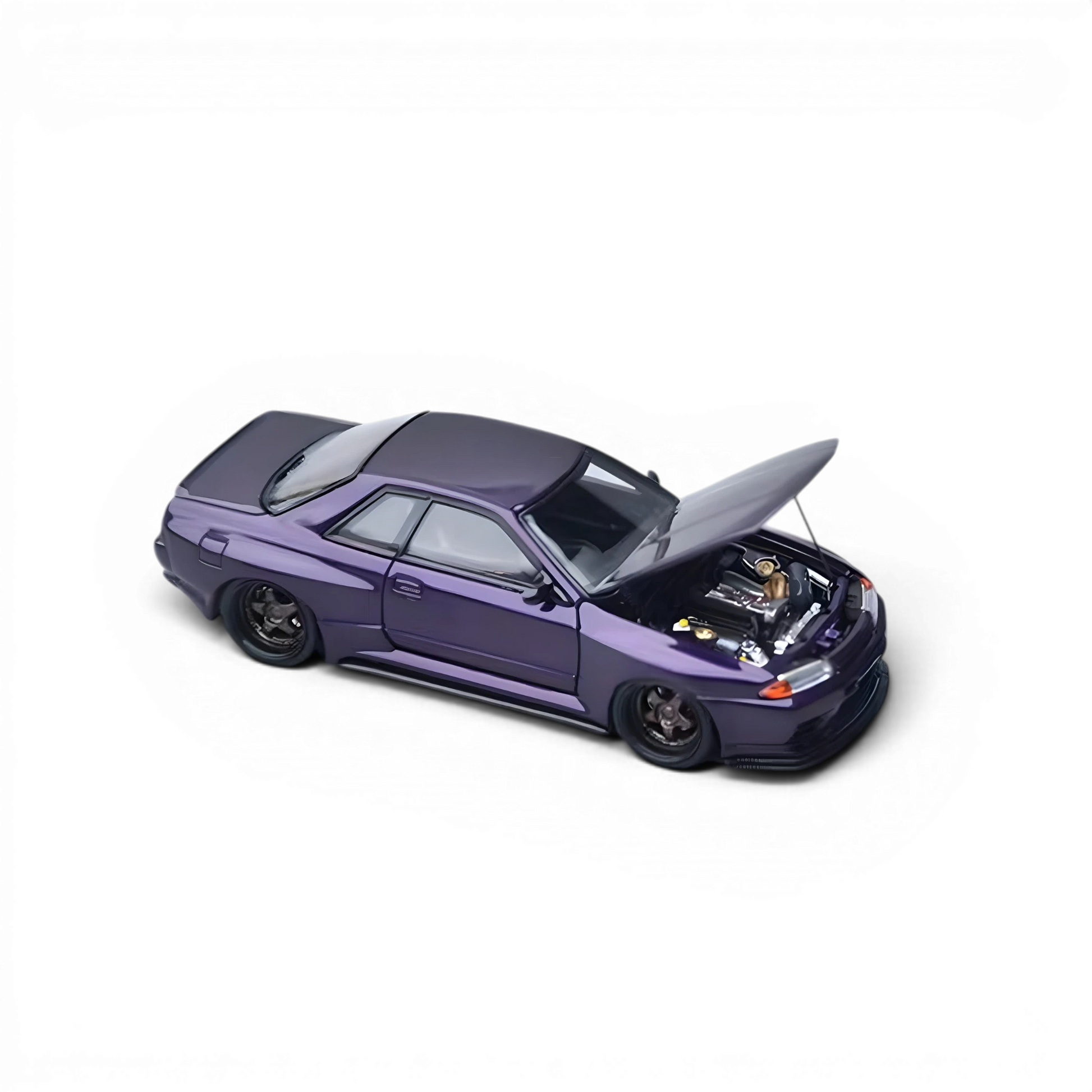 Lot57Supplies Diecast Shop 1:64 scale metal purple Focal Horizon R32 Skyline GT-R with open hood on black background