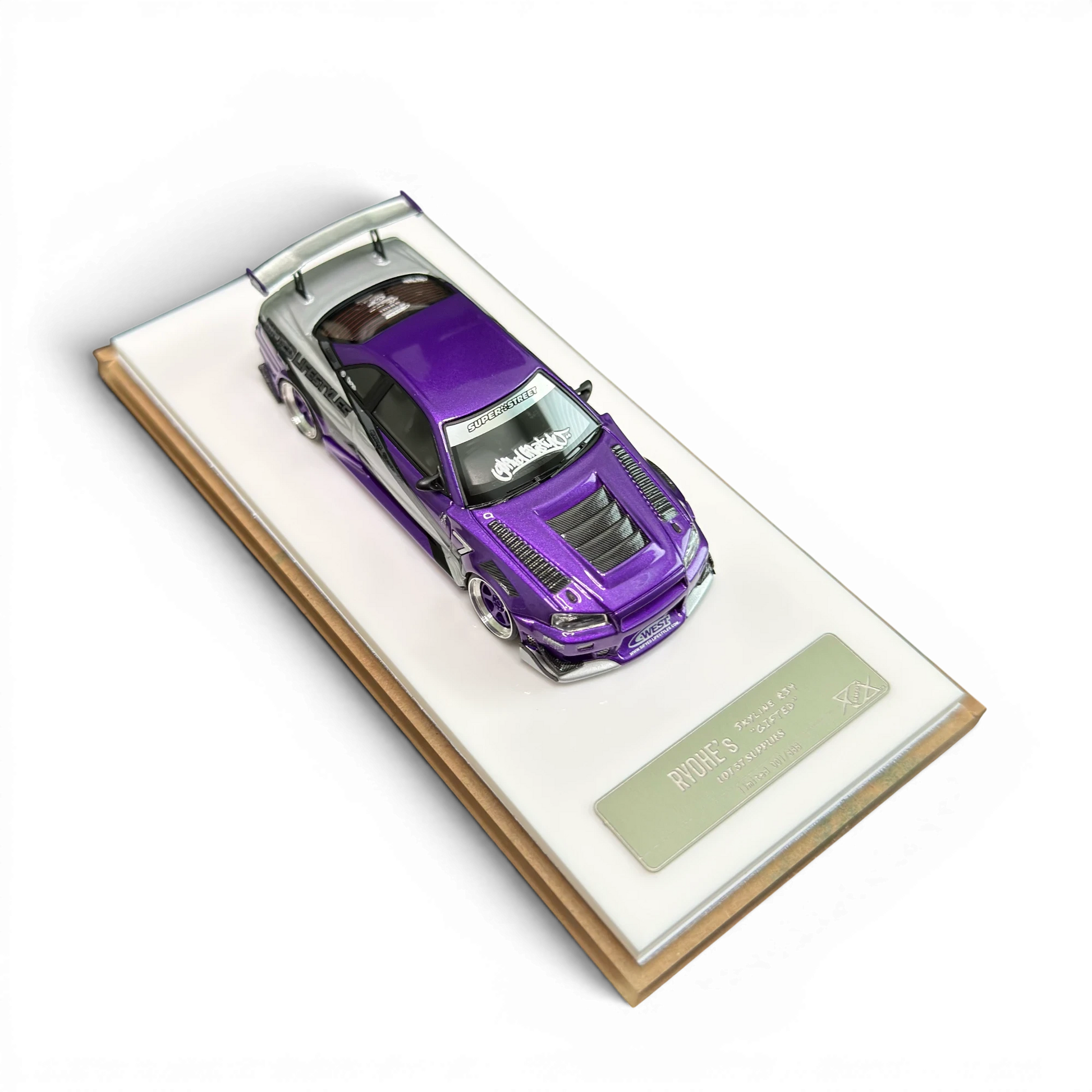 Lot57Supplies Diecast Shop 1:64 scale resin Nissan Skyline R34 GIFTED model car in purple and silver with custom decals