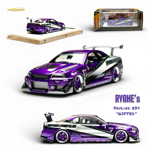 Lot57Supplies Diecast Shop 1:64 scale resin Nissan Skyline R34 GIFTED model car in metallic purple with custom decals.