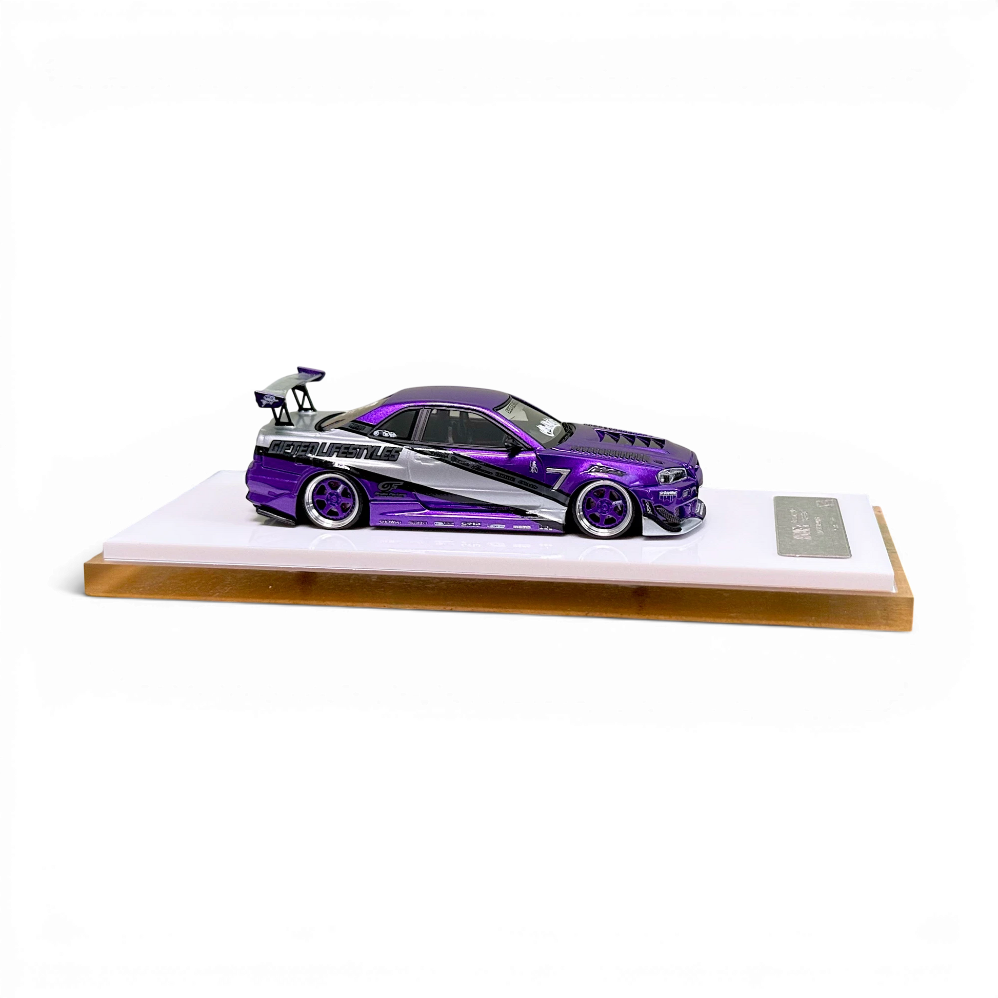 Lot57Supplies Diecast Shop 1:64 scale purple Nissan Skyline R34 GIFTED resin model car with custom decals on display base