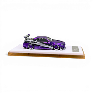 Lot57Supplies Diecast Shop 1:64 scale purple Nissan Skyline R34 GIFTED resin model car with custom decals on display base
