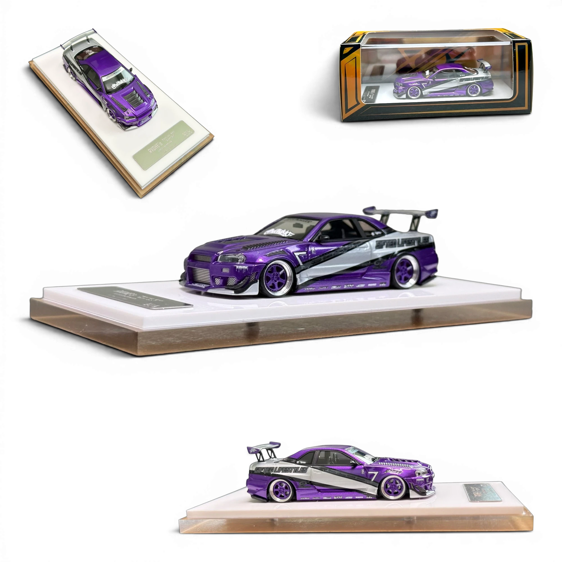 Lot57Supplies Diecast Shop 1:64 scale purple Nissan Skyline R34 GIFTED resin model car with custom racing decals