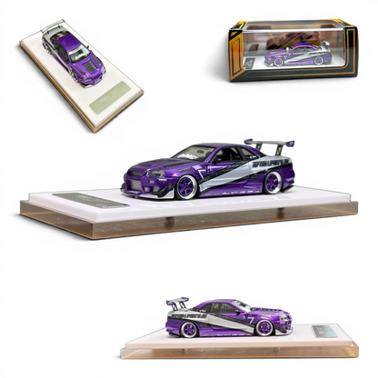 Lot57Supplies Diecast Shop 1:64 scale purple Nissan Skyline R34 GIFTED resin model car with custom racing decals