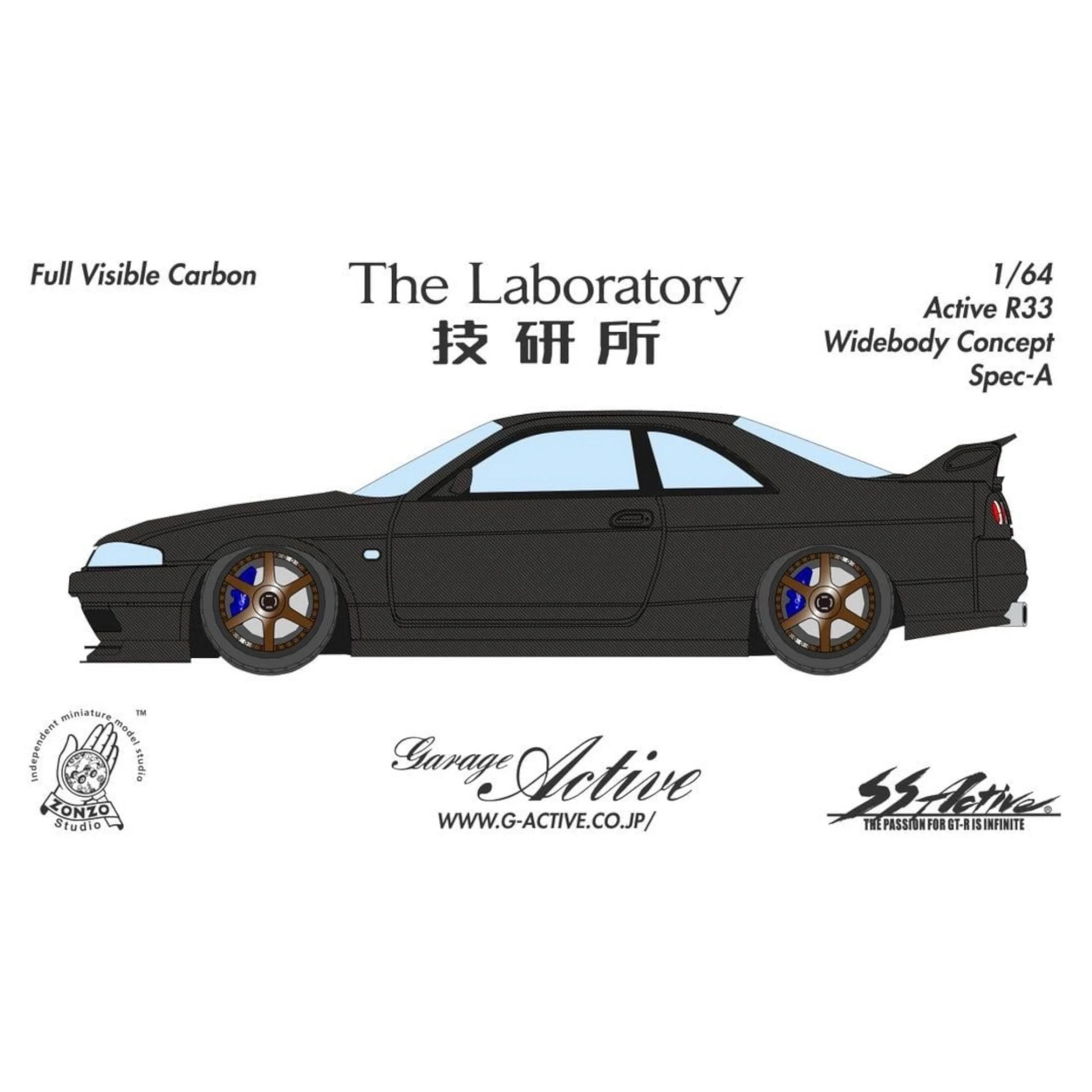 Lot57Supplies Diecast Shop 1:64 scale The Laboratory x Zonzo Garage Active R33 widebody model in full visible carbon.