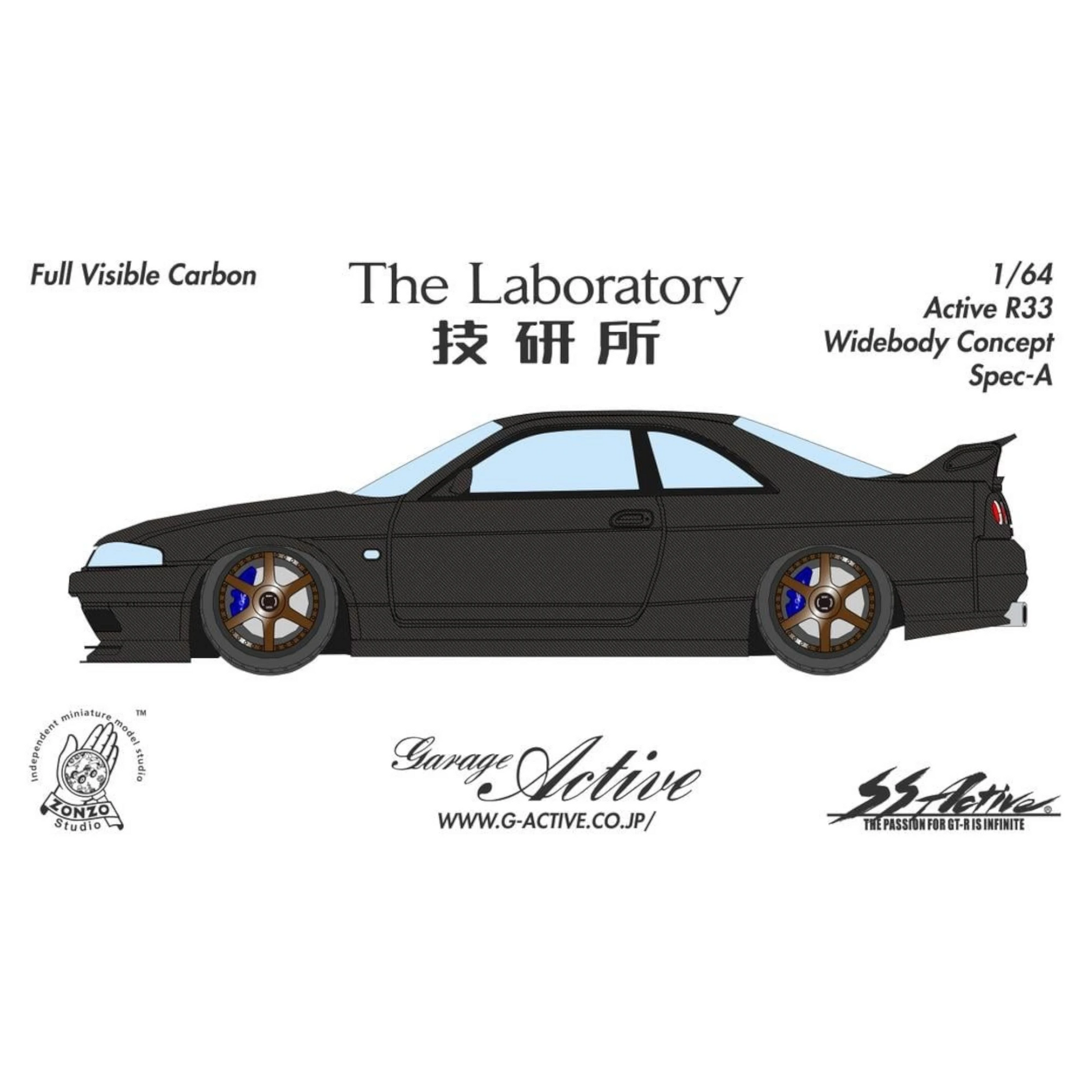 Lot57Supplies Diecast Shop 1:64 scale resin model of The Laboratory x Zonzo Garage Active R33 Widebody Spec-A in full visible carbon fiber.