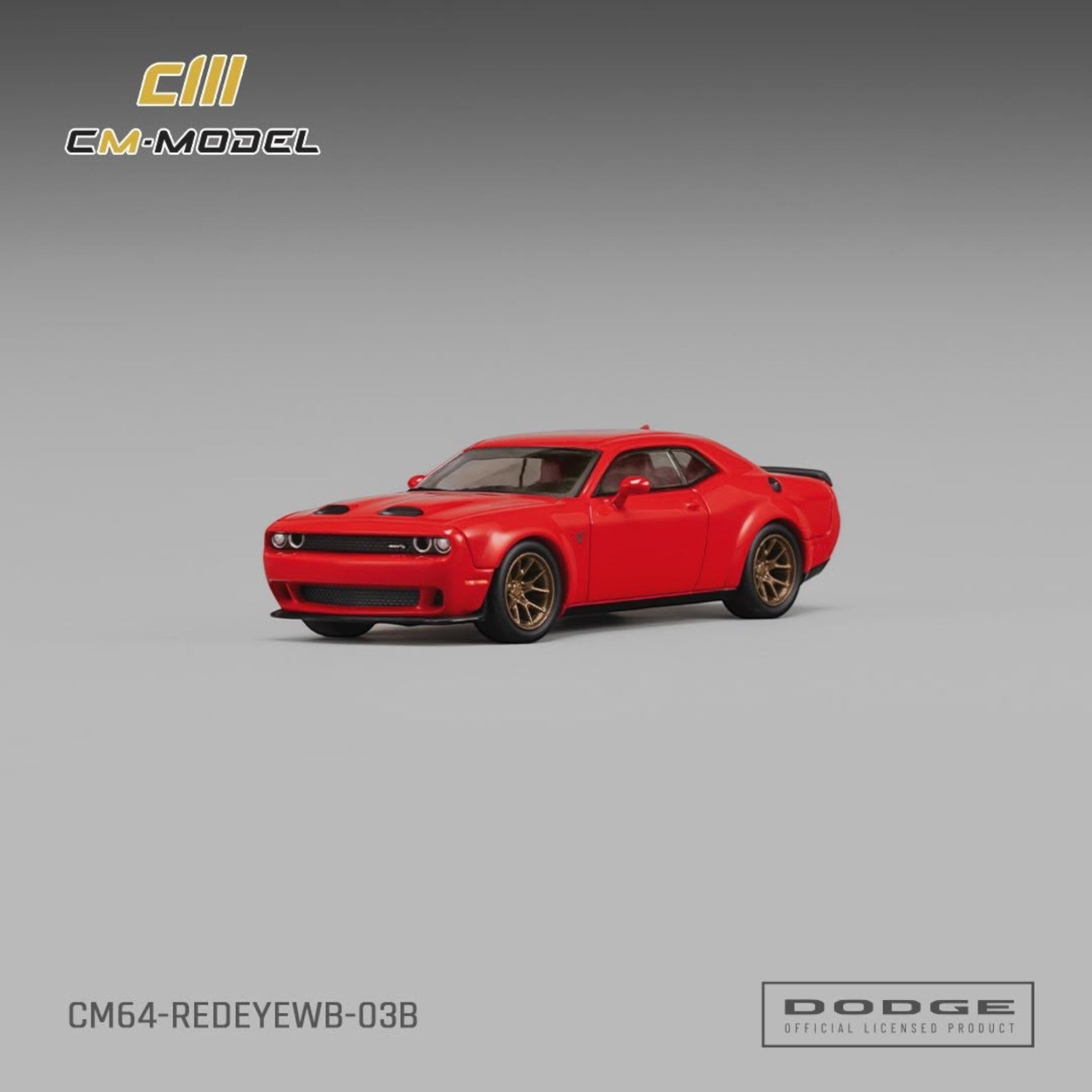 Lot57Supplies Diecast Shop CM Model 1:64 scale red Dodge SRT Hellcat Red-Eye Widebody diecast car with gold wheels.