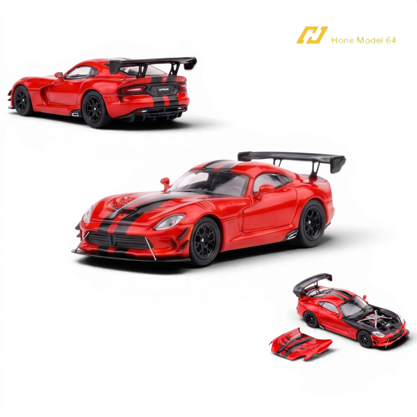 Lot57Supplies Diecast Shop: Transparent red 1:64 scale diecast Dodge Viper ACR with black racing stripes and magnetic hood.