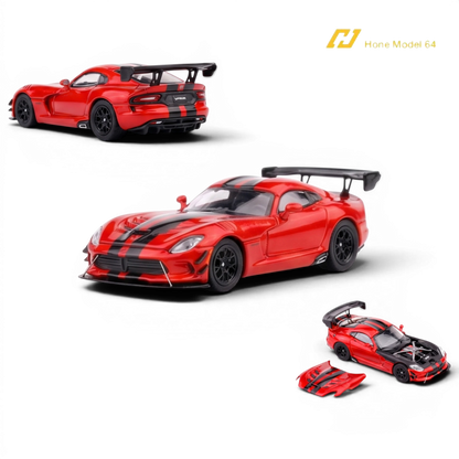 Lot57Supplies Diecast Shop: Transparent red 1:64 scale diecast Dodge Viper ACR with black racing stripes and magnetic hood.