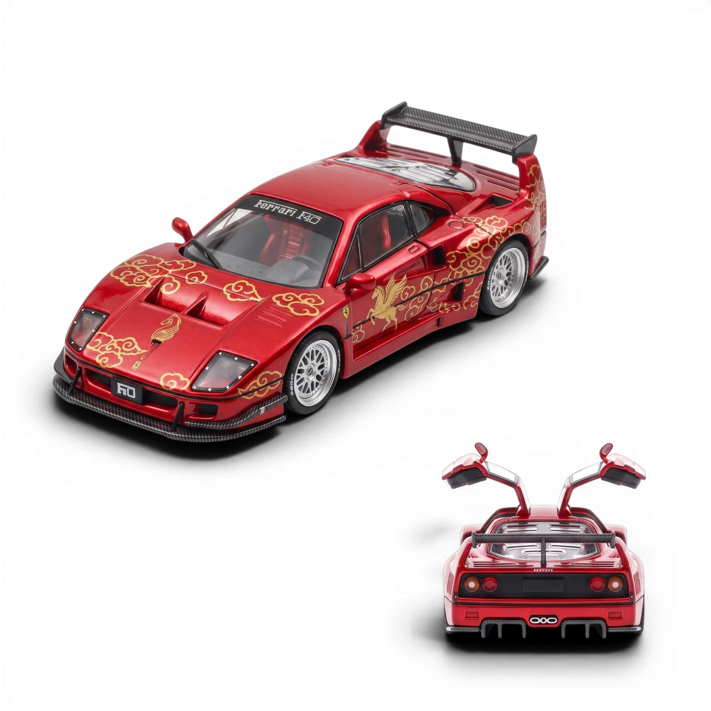 Lot57Supplies Diecast Shop Demon King Auto red F40 diecast model with gold cloud decals and gull wing doors in 1:64