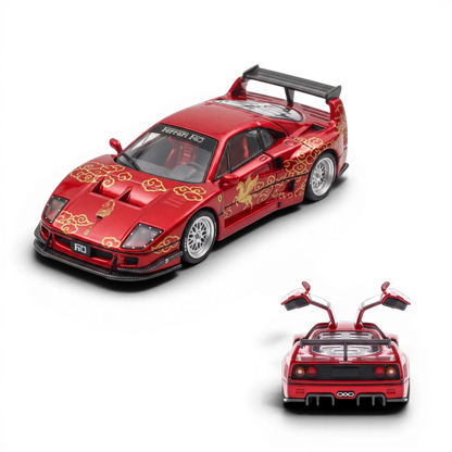 Lot57Supplies Diecast Shop Demon King Auto red F40 diecast model with gold cloud decals and gull wing doors in 1:64