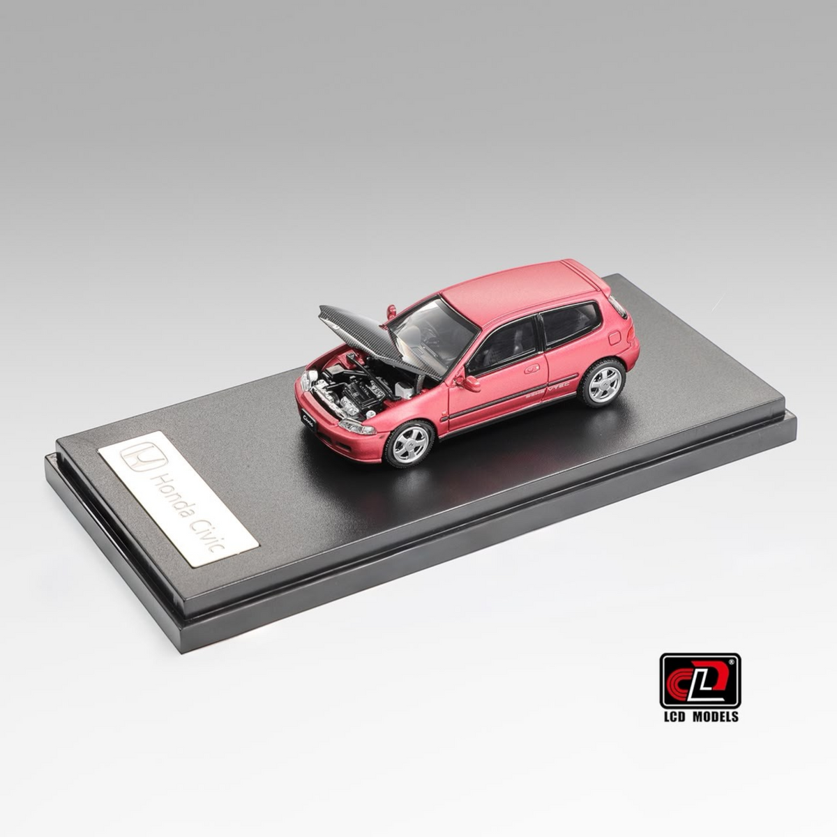 Lot57Supplies Diecast Shop 1:64 scale red Honda Civic SiR II EG6 diecast model car with open hood on display base