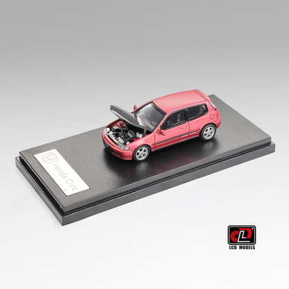 Lot57Supplies Diecast Shop 1:64 scale red Honda Civic SiR II EG6 diecast model car with open hood on display base