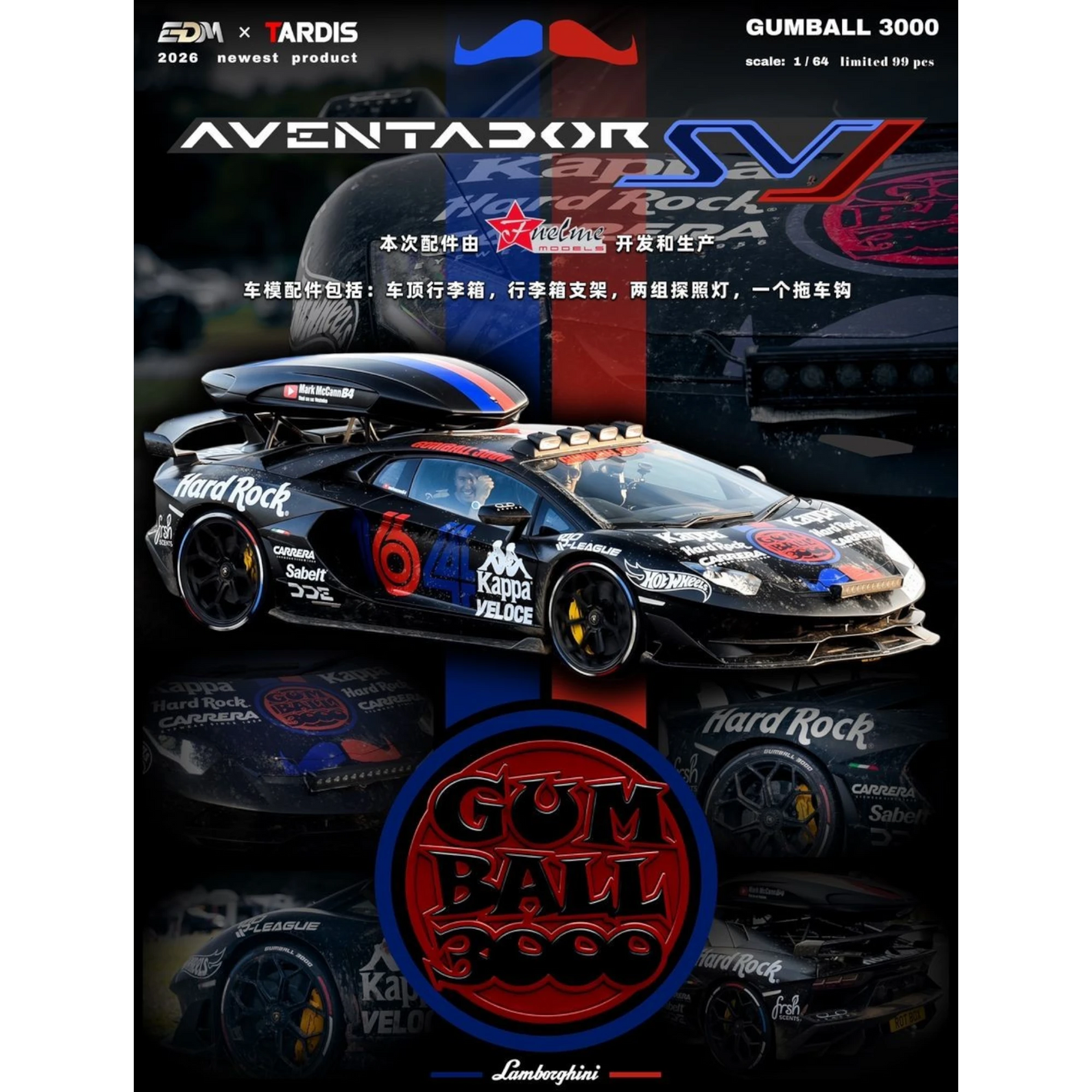 Lot57Supplies Diecast Shop TARDIS X EDM 1:64 Lamborghini Aventador LP750-4 SV Gumball 3000 edition, black with red and blue accents, roof box, and rally lights.