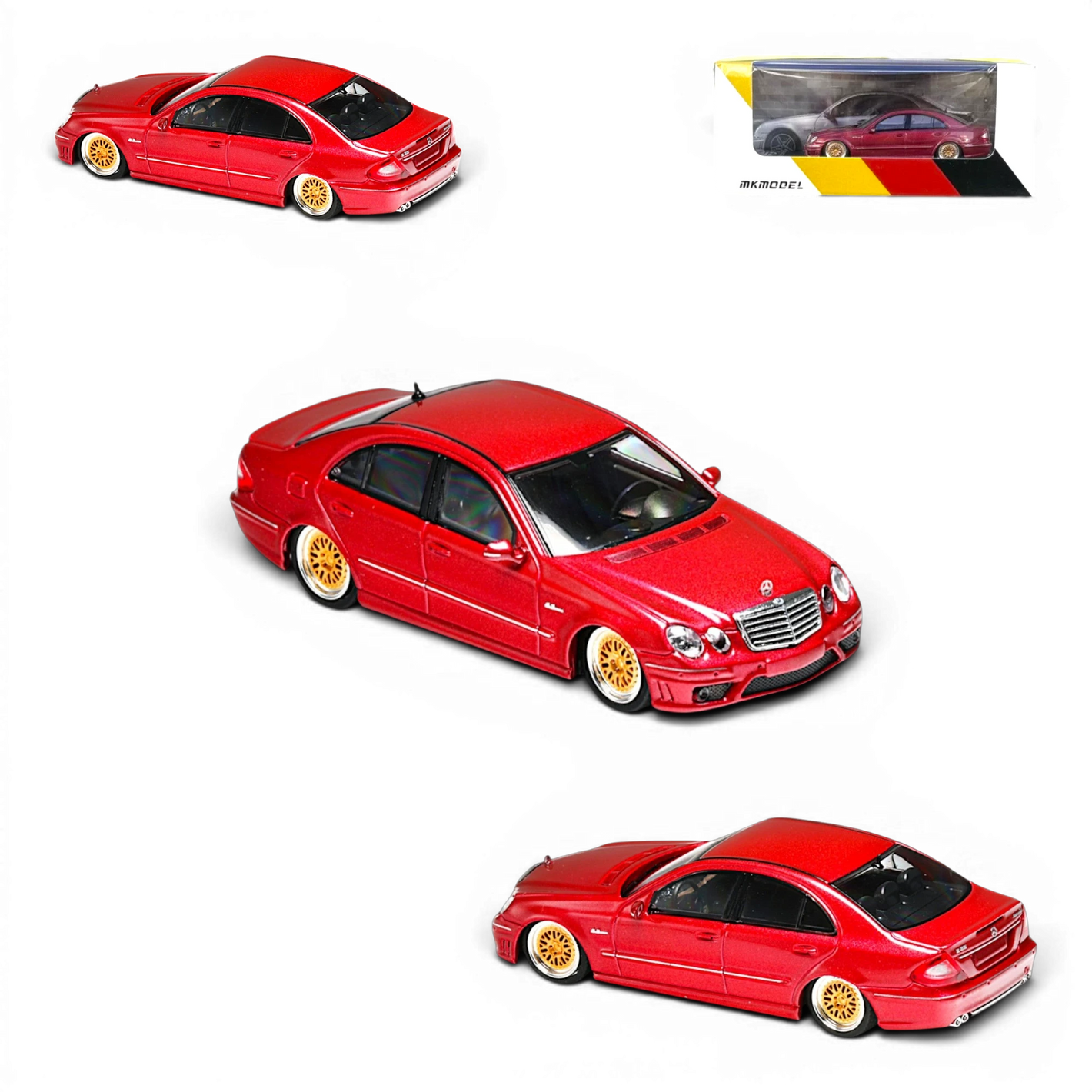 Lot57Supplies Diecast Shop 1:64 scale red Mercedes-Benz E63 AMG W211 diecast model car with lowered suspension and gold rims