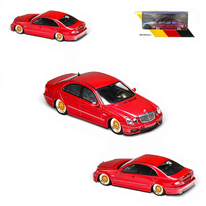Lot57Supplies Diecast Shop 1:64 scale red Mercedes-Benz E63 AMG W211 diecast model car with lowered suspension and gold rims