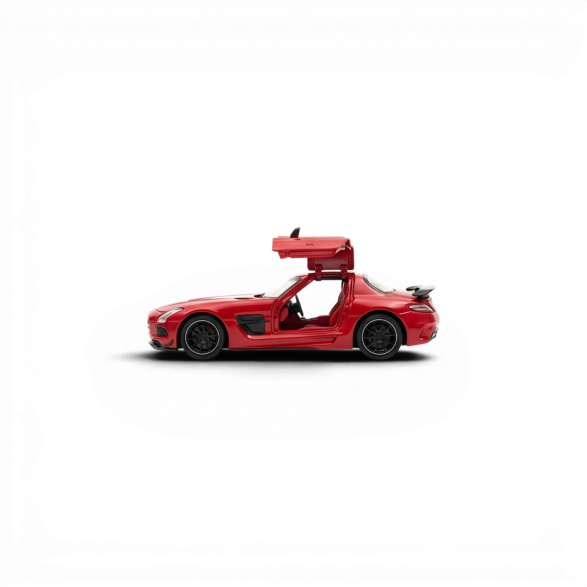Lot57Supplies Diecast Shop red 1:64 scale Mercedes-Benz SLS AMG BS diecast model with gullwing doors open.