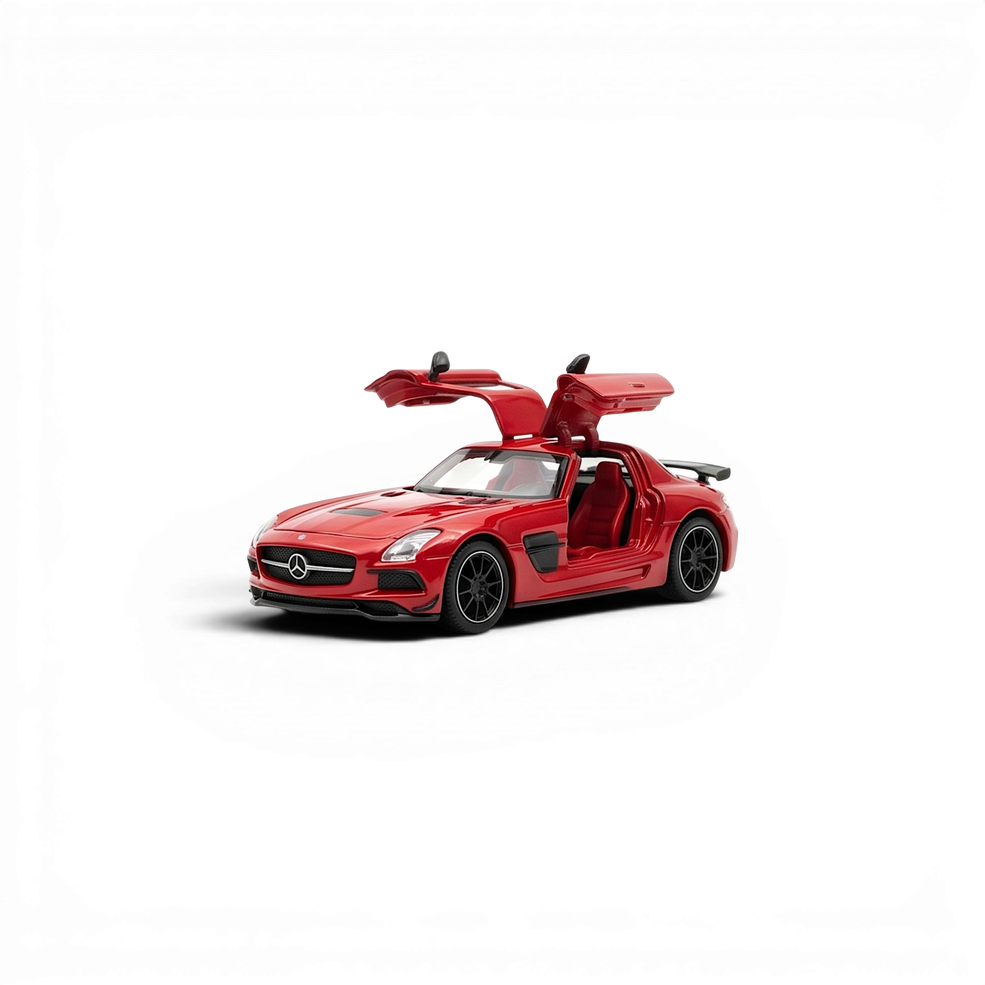 Lot57Supplies Diecast Shop red 1:64 scale Mercedes-Benz SLS AMG BS diecast model with gullwing doors open.